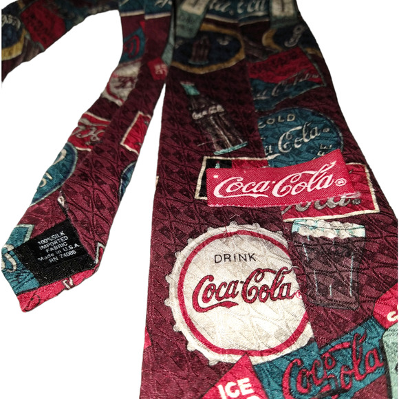 Vintage Coca Cola Silk Tie Burgundy Bottles Caps Signs Thermometer - Picture 2 of 2